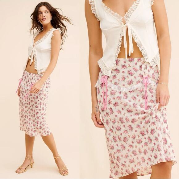 Free People For Love & Lemons Etienne Midi Skirt Small Cottage Coquette Dainty - Picture 2 of 15